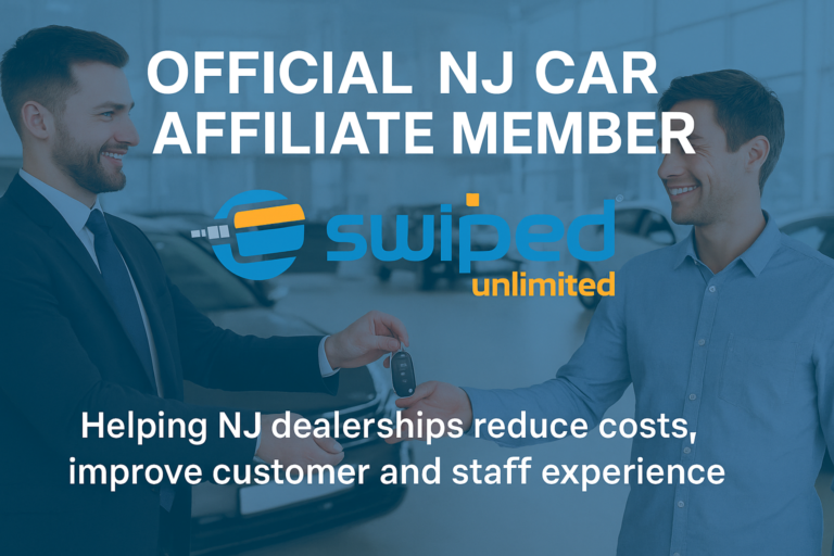Car salesman handing over key fob in dealership - Swiped Unlimited NJ Car Affiliate Member banner